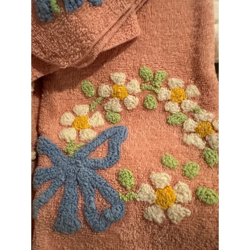 Cannon Pink Cotton Towel Set 4 Blue Bow Daisy Floral Embroidery Cottagecore Vtg